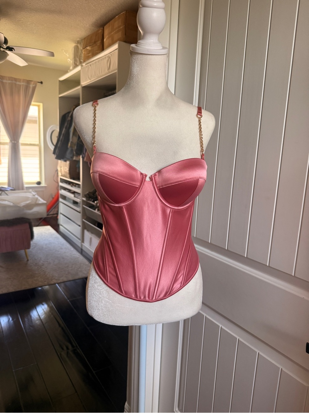 Honey Birdette Rose Pink Satin Bustier with Gold Chain Straps